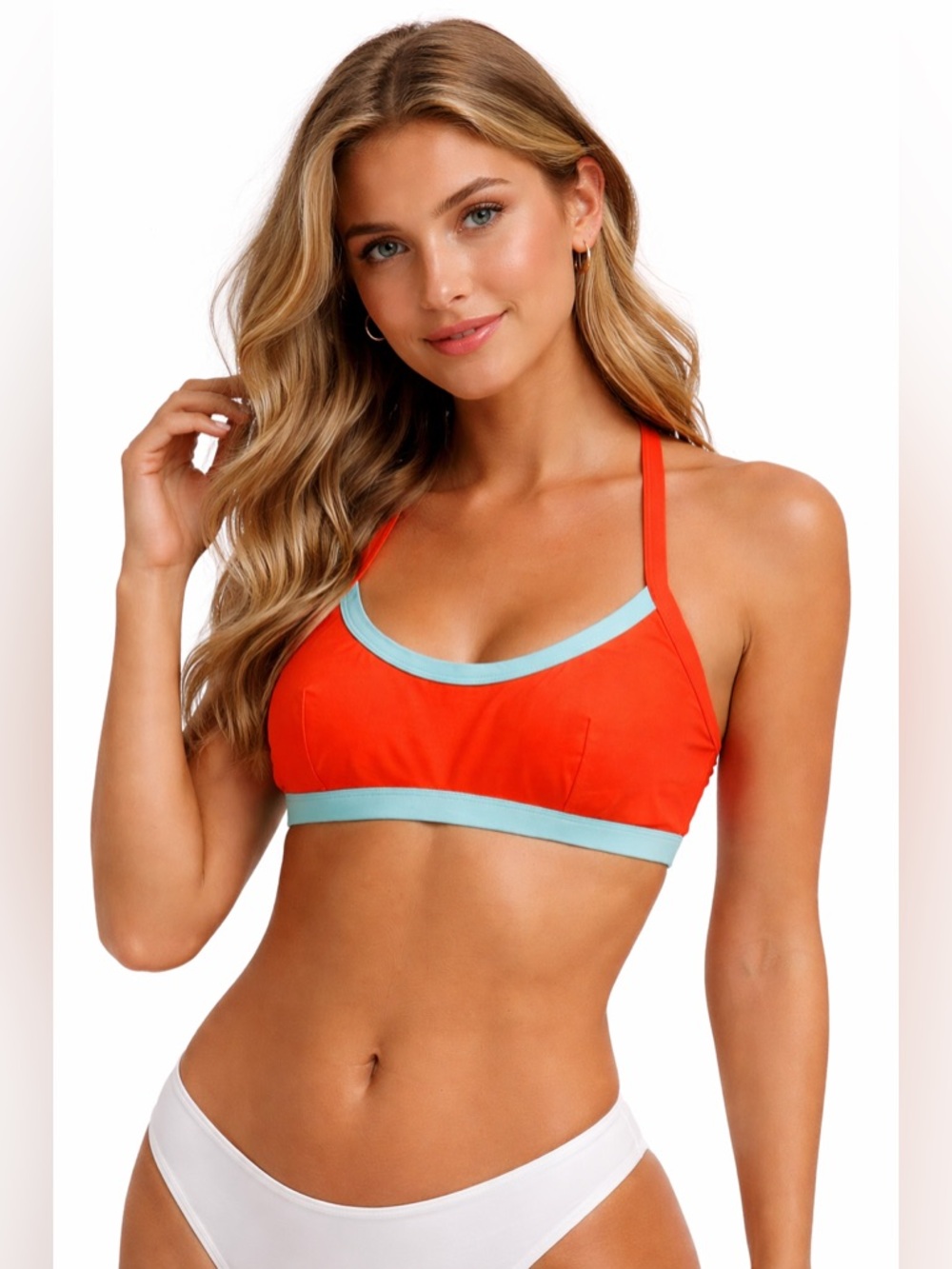 CUPSHE Orange & Aqua Trim Bikini Top Sporty Bralette Style Swimwear Top Size L